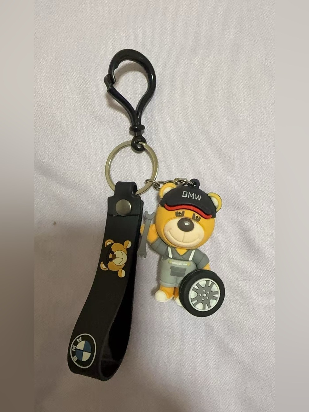 BMW Yellow Bear Mechanic Keychain with Black Strap and Red Cap